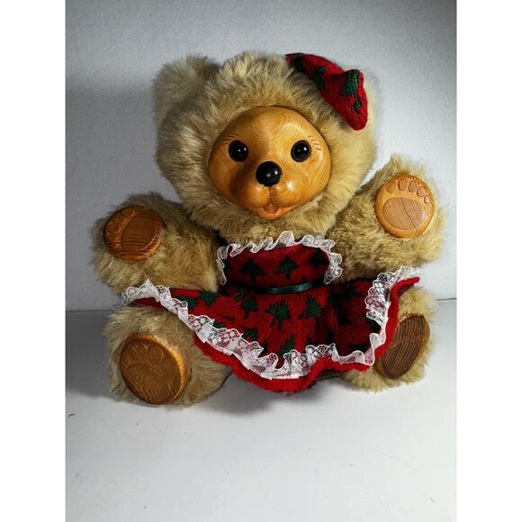 1992 William Tung Wood Face & Paws Biege Plush Teddy Bear Stuffed Animal 10” - Picture 2 of 8